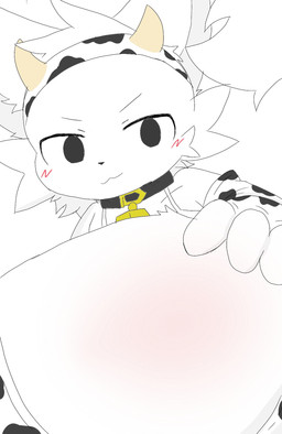 animal_print anthro big_butt black_choker black_eyes black_jewelry black_necklace butt butt_focus choker cow_costume cow_horns_crown cow_print fluffy fur holding_butt jewelry looking_at_viewer male necklace seductive simple_background solo toony white_body white_fur chan_woo boy_kisser_(meme) domestic_cat felid feline felis mammal hi_res meme