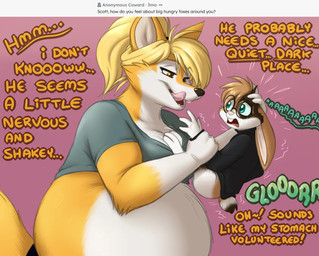 anthro belly big_belly carrying_another clothed clothing duo female forced imminent_vore licking licking_lips licking_own_lips lifting_another male male/female overweight overweight_female scared size_difference text tongue tongue_out vore scott_calico jen_(scottc) scott_calico_(scottc) canid canine fox lagomorph leporid mammal rabbit english_text