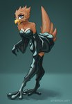 anthro beak claws clothing dress feathers female gloves handwear latex latex_clothing latex_dress latex_gloves latex_handwear legwear looking_at_viewer open_mouth pose raised_tail solo stockings tail toe_claws stirren avian digital_media_(artwork) hi_res pinup