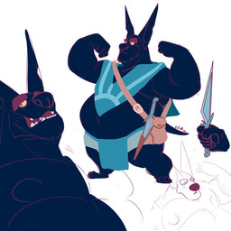 anthro belly big_belly black_body black_ears black_inner_ear blue_bottomwear blue_clothing blue_loincloth blue_topwear bottomwear clothed clothing dagger flexing flexing_bicep front_view holding_dagger holding_melee_weapon holding_object holding_weapon loincloth male male_anthro melee_weapon mouth_closed navel obese obese_anthro obese_male open_mouth overweight overweight_anthro overweight_male simple_background solo standing teeth topwear weapon white_background chocolateandmilk canid canine mammal 1:1 sketch_page