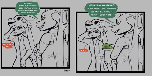 anthro banknote breasts bribe clothed clothing dialogue duo female fully_clothed horn male mascot_costume membrane_(anatomy) membranous_wings money small_breasts speech_bubble text wings enginetrap syl_(enginetrap) canid canine canis jackal mammal absurd_res comic english_text hi_res sketch
