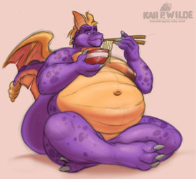 aged_up anthro anthrofied areola belly big_belly big_moobs bowl chopsticks claws container crossed_legs crosslegged_pose food holding_bowl holding_chopsticks holding_container holding_object horn looking_at_viewer male markings moobs mouth_closed navel nipples noodles nude obese obese_anthro obese_male overweight overweight_anthro overweight_male purple_body raised_tail scales sitting solo spots spotted_body spotted_scales tail wings husky2paws activision mythology spyro_the_dragon balloonist_spyro spyro dragon mythological_creature mythological_scalie scalie 2026 hi_res signature