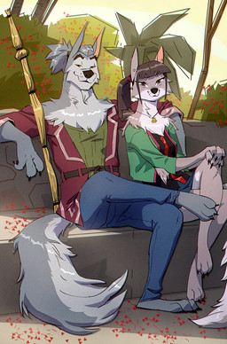 3_toes anthro arm_around_shoulders bangs barefoot beard black_hair bottomwear brown_eyes cheek_tuft clothing collared_shirt cropped_jacket crossed_legs denim denim_bottomwear denim_clothing detailed_background dress_shirt duo facial_hair facial_tuft feet female fluffy fluffy_tail fur garden grey_body grey_fur grey_hair hair hands_on_legs jacket jeans jewelry long_hair long_tail looking_at_viewer male miniskirt narrowed_eyes neck_tuft necklace pants pointy_ears ponytail quarterstaff shirt short_hair sitting skirt snout tail toes topwear tuft whisker_spots yellow_eyes ruffu asukaru_(ruffu) sayang_(ruffu) canid canine canis mammal wolf digital_drawing_(artwork) digital_media_(artwork)
