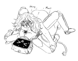 ambiguous_gender anthro blush cord_tail eyes_closed eyewear freckles glasses hair humping machine male male/ambiguous nude pinning_arms kawattame voices_of_the_void dr._kel kerfur_omega_(votv) human mammal robot monochrome
