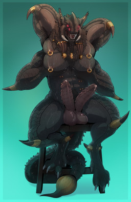2_penises 4_arms abs accessory animal_genitalia animal_penis anthro areola armpit_hair balls beard big_muscles big_pecs big_penis big_tail biped bodily_fluids body_hair braided_beard braided_hair breasts carapace claws dewclaw digitigrade_paws ear_piercing ear_ring ear_tuft erection facial_hair fangs fangs_bared feet finger_claws front_view fur furniture genitals hair hair_accessory hemipenes jewelry leopard_spots long_tail male mandibles multi_arm multi_genitalia multi_limb multi_nipple multi_penis muscular muscular_anthro muscular_male nipple_piercing nipples nude pecs penile_spines penis piercing presenting presenting_breasts pubes raised_arms red_eyes ridged_penis ring_piercing simple_background sitting solo spiked_tail spikes spikes_(anatomy) spots spread_legs spreading stinger stinger_tail stool sweat tail teeth toe_claws tuft unusual_anatomy unusual_genitalia vein kendryzak iranian_mythology middle_eastern_mythology mythology nacuzatl aquatic arachnid arthropod chimera felid feline mammal manticore prehistoric_species scorpion sea_scorpion vialfang absurd_res cel_shading hi_res huge_filesize shaded