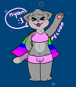 anthro blush blush_stickers bulge cape clothing femboy fur grey_body grey_fur male multicolored_cape multicolored_clothing pear-shaped_figure pink_clothing rainbow_cape rainbow_clothing solo thick_thighs wide_hips pelnsfw nyan_cat_(copyright) nyan_cat domestic_cat felid feline felis mammal aliasing digital_media_(artwork) meme