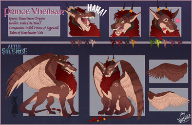 brown_body chest_tuft claws eye_scar facial_scar feathered_wings feathers feral flirting fur gold_(metal) gold_jewelry green_eyes growling hair heart_symbol horn horn_jewelry horn_ring jewelry laugh looking_at_viewer male mane mane_hair multicolored_body multicolored_fur open_mouth prince_vheilsar_(after_silence) red_hair ring_(jewelry) royalty scar simple_background smile snarling solo standing tail tail_tuft teeth text tongue tuft white_body white_fur wings hatwolf mythology dragon furred_dragon furred_scalie mythological_creature mythological_scalie scalie 2025 artist_name colored digital_drawing_(artwork) digital_media_(artwork) english_text hi_res model_sheet signature watermark