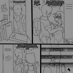 anthro backpack bald band-aid bandage biped blush bodily_fluids choice choice_question clothed clothed_anthro clothed_human clothed_male clothing dialogue duo eyewear feathered_tail feathers femboy fingers flying_sweatdrops glasses hair hallway heart_symbol humanoid_hands inside locker looking_at_another male nervous overalls post-it_note round_glasses short_hair shy speech_bubble standing sweat sweatdrop tail talking_to_another text textbook user_interface visual_novel_interface arsenic_iii cavemanon_studios goodbye_volcano_high ko_op_(game_developer) snoot_game anon_(snoot_game) sage_(gvh) dinosaur dromaeosaurid human mammal microraptor prehistoric_species reptile saurischian scalie theropod 1:1 2023 black_and_grey comic english_text hi_res monochrome