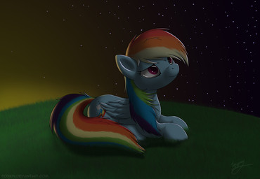 blue_body blue_feathers blue_fur cutie_mark feathered_wings feathers female feral fur grass hair multicolored_hair multicolored_tail outside plant purple_eyes rainbow_hair rainbow_tail sky solo star sunset tail text wings skipsy friendship_is_magic hasbro my_little_pony mythology rainbow_dash_(mlp) equid equine mammal mythological_creature mythological_equine pegasus 2012 hi_res url