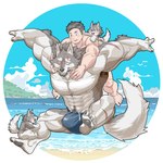 abs anthro armpit_hair beach beard big_muscles big_pecs blush body_hair bulge carrying_another carrying_partner clothed clothing eye_scar facial_hair facial_scar family fur grey_body grey_fur grey_hair group hair holding_partner huge_muscles huge_pecs human_on_anthro interspecies larger_anthro larger_male male male/male multicolored_body multicolored_fur muscular navel nipples nude pecs piggyback pubes sand scar size_difference smaller_human smaller_male speedo speedo_only swimwear tail topless topless_male water white_body white_fur young chan_kiti_chan canid canine canis human mammal wolf 1:1 hi_res father_(lore) father_and_child_(lore) father_and_son_(lore) parent_(lore) parent_and_child_(lore) parent_and_son_(lore) son_(lore)