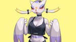 anthro black_clothing black_topwear bodily_fluids breasts cleavage clothed clothing female fingers medium_breasts midriff multicolored_body navel open_mouth pupils purple_body red_eyes simple_background solo sweat teeth tongue topwear white_pupils yellow_background drunk_oak nintendo pokemon generation_5_pokemon mienshao pokemon_(species) 16:9 2023 hi_res widescreen