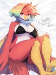 anthro barefoot beak bed_sheet bedding big_breasts black_bra black_clothing black_panties black_underwear blush bra breasts butt cape clothed clothing feathers feet female female_anthro fur hair headgear headwear hood kemono looking_at_viewer multicolored_cape multicolored_clothing multicolored_headwear panties rainbow_cloak red_body red_eyes red_feathers red_hair solo talons text toes underwear yellow_beak yellow_talons baburusushi starbound reesha_(rovelife) avian avian_(starbound) bird 2022 3:4 english_text hi_res