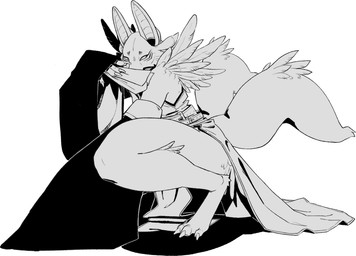 anthro claws clothing eboshi fur headgear headwear kneeling male mask robe side_view simple_background solo tail teeth text thick_thighs vritrite_(artist) bandai_namco digimon canid canine digimon_(species) fox mammal taomon 2026 digital_drawing_(artwork) digital_media_(artwork) monochrome