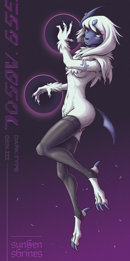 anthro anthrofied arm_jewelry black_clothing black_legwear black_stockings blue_face breasts chest_tuft claws clothed clothing female fur furgonomics furry-specific_piercing hair horn jewelry legwear legwear_only looking_at_viewer midriff narrowed_eyes navel neck_tuft nude partially_clothed piercing pokemorph pose pubes red_eyes simple_background small_waist solo stirrup_legwear stockings tail tasteful_nudity text tuft white_body white_fur white_hair sunkenshrines nintendo pokemon absol generation_3_pokemon pokemon_(species) 2026 digital_drawing_(artwork) digital_media_(artwork) hi_res pinup