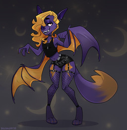 alternative_fashion anthro belt blonde_hair bottomwear clothing collar crop_top cross ear_piercing ear_ring eyelashes fangs femboy fishnet_clothing fishnet_legwear garter_belt garter_straps goth hair hair_over_eye half-closed_eyes hotpants inverted_cross jewelry leather legwear long_hair male membrane_(anatomy) membranous_wings narrowed_eyes necklace one_eye_obstructed open_mouth open_smile piercing ring_piercing shirt shorts simple_background smile smirk smug smug_face smug_grin solo studded_belt studded_collar studs teeth topwear wings cadaverrdog bat mammal hi_res