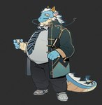 anthro belly blue_body clothing container cup facial_hair footwear hair horn male mature_male necktie overweight solo tail white_hair yellow_eyes bluecard916 crocs lifewonders mythology tokyo_afterschool_summoners qinglong_(tas) dragon mythological_creature mythological_scalie scalie 2024 absurd_res hi_res