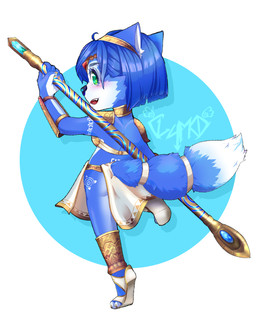 accessory anthro armor bandeau blue_body blue_fur blue_hair blush bottomwear chibi claws clothed clothing eyebrows eyelashes female fur green_eyes hair head_tuft headband loincloth markings midriff no_underwear short_hair smile solo staff toe_claws topwear tuft white_body white_fur white_markings cl4m0 nintendo star_fox krystal_(star_fox) canid canine fox mammal 2020 4:5 signature