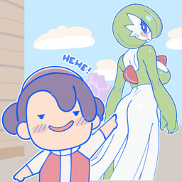 ambiguous_gender big_breasts blush bodily_fluids breasts brown_hair chest_spike clothing dress duo female gesture green_body green_hair hair hand_gesture larger_female larger_humanoid outside pointing pointing_at_another pseudo_clothing pseudo_hair red_eyes side_boob simple_eyes size_difference smaller_ambiguous smaller_human spikes spikes_(anatomy) sweat sweatdrop text white_body mochichiart nintendo pokemon pokemon_pokopia ditto_(pokopia) pokemon_trainer ditto_(pokemon) gardevoir generation_1_pokemon generation_3_pokemon human humanoid mammal pokemon_(species) 1:1 2026 absurd_res digital_drawing_(artwork) digital_media_(artwork) hi_res