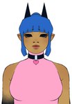 2_horns bangs black_eyes black_sclera blue_hair blunt_bangs blush breasts brown_body brown_skin choker clothing eyebrow_through_hair eyebrows eyelashes female hair horn humanoid_pointy_ears jewelry lips necklace not_furry pink_clothing pink_shirt pink_topwear pointy_ears shirt simple_background solo topwear translucent translucent_hair white_background dreamscreep crystal_(dreamscreep) demon demon_humanoid horned_humanoid humanoid hi_res