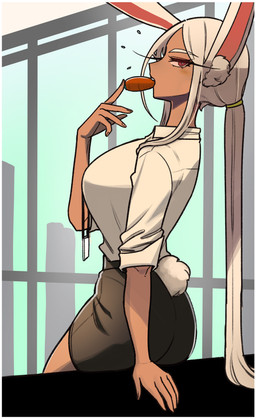 bedroom_eyes border bottomwear breasts butt carrot clothing collared_shirt dress_shirt eating eyebrows eyelashes female food grey_hair hair lanyard long_eyelashes narrowed_eyes office_lady plant ponytail scut_tail seductive shirt short_tail skirt solo tail tan_body tan_skin topwear vegetable white_border powtaytow3333 my_hero_academia rumi_usagiyama animal_humanoid humanoid lagomorph lagomorph_humanoid leporid_humanoid mammal mammal_humanoid rabbit_humanoid 2024 absurd_res hi_res