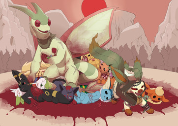 3_fingers 3_toes ambiguous_gender black_nose blood blood_in_mouth blood_on_clothing blood_on_face blood_on_hand blood_splatter bodily_fluids cliff clothing corpse cute_fangs death fangs feet feral fingers forest gore group guts intestines jewelry looking_at_another looking_offscreen looting male massacre missing_arm mountain mystery_dungeon_badge necklace open_mouth organs pawpads paws pile_of_corpses plant pool_of_blood red_eyes scar scars_all_over simple_background sun sunset teeth toes tongue tree wound_on_face wound_on_torso wounded bloodtearcat nintendo pokemon healer_(straviios) zark_(flygon) charmander eeveelution flareon flygon generation_1_pokemon generation_2_pokemon generation_3_pokemon generation_4_pokemon generation_5_pokemon leafeon legendary_pokemon ninetales pikachu pokemon_(species) shaymin sky_forme_shaymin umbreon vaporeon vulpix zorua absurd_res hi_res
