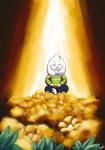 anthro biped clothing detailed_background eyes_closed flower fur long_ears male pattern_clothing plant simple_background sitting solo striped_clothing stripes white_body white_fur dusty-pixels undertale undertale_(series) asriel_dreemurr boss_monster_(undertale) bovid caprine goat mammal 2015 hi_res