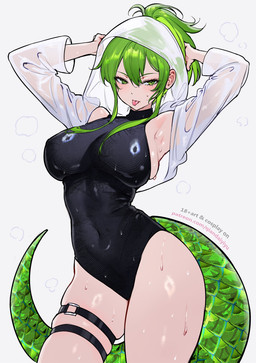 big_breasts black_clothing black_leotard bodily_fluids breasts clothing cropped_hoodie female front_view glistening glistening_body glistening_leotard glistening_skin green_body green_eyes green_hair green_scales green_tail hair hand_on_head hood leotard looking_at_viewer musk navel_outline ponytail scales scaly_tail side_boob sidelocks simple_background skindentation solo sweat sweaty_body sweaty_skin tail text thick_tail thick_thighs tongue tongue_out topwear translucent translucent_clothing translucent_hoodie translucent_topwear wet wet_body wet_clothing wet_skin wet_topwear white_background wide_hips qiandaiyiyu arknights arknights_endfield hypergryph studio_montagne fluorite_(arknights) animal_humanoid humanoid reptile reptile_humanoid scalie scalie_humanoid snake_humanoid digital_drawing_(artwork) digital_media_(artwork) english_text hi_res url