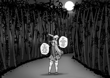 bottomwear clothing female forest looking_back moon outside plant rear_view skirt solo speech_bubble text tree ecchipandaa touhou reisen_udongein_inaba humanoid lagomorph mammal 2023 greyscale hi_res monochrome