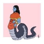 1:1 2018 3_arms apode bigmsaxon black_hair black_sclera blue_body blue_skin border bracelet clothed clothing draconcopode female full-length_portrait hair hi_res humanoid jewelry lamia legless multi_arm multi_limb pink_background portrait reptile ring scalie serpentine simple_background smile snake solo split_form white_border yellow_eyes