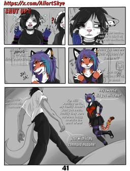 anthro black_eyes black_nose clothing dialogue duo female fur grey_body grey_fur maid_uniform male pink_nose pregnant pregnant_anthro pregnant_female simple_background text uniform white_body white_fur allartskye jojo's_bizarre_adventure menacing_approach stardust_crusaders evelyne_(allartskye) kia_(allartskye) skye_(allartskye) tyara_(allartskye) american_opossum canid canine canis domestic_cat felid feline felis mammal marsupial pantherine tiger wolf comic english_text hi_res meme url