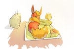 all_fours feral food fruit fur looking_at_viewer lying melon orange_body pillow plant simple_background solo watermelon watermelon_slice ketchup_coke nintendo pokemon eeveelution flareon generation_1_pokemon pokemon_(species) 2019 hi_res