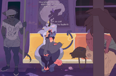 anthro blush bodily_fluids bottomwear bottomwear_down bulge clothed clothing detailed_bulge digit_ring duo erection erection_under_clothing feet genital_fluids genital_outline inside_train jewelry male male/male pants pants_down partially_clothed penis_outline poster precum precum_through_clothing profanity public public_sex public_transportation rapid_transit ring sex sitting sitting_on_another subway text toe_ring toes train vehicle wet wet_clothing borzoibeans kawasaki mta_new_york_city_transit nyct_r62 bovid canid canine canis caprine demon domestic_dog goat mammal alternate_version_at_source english_text hi_res