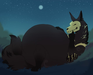 belly big_belly black_claws black_markings claws feral feral_pred fur grass grey_body grey_fur huge_belly looking_at_belly looking_at_own_belly lying male male_pred markings night on_back on_grass on_ground plant sky solo teeth vore yellow_markings orca24a canid canine mammal skulldog_(species) 2023 colored digital_drawing_(artwork) digital_media_(artwork) hi_res shaded