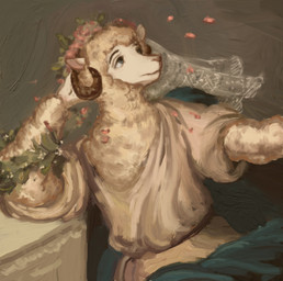 anthro arm_support clothing eyebrows fur horn inside leaning leaning_on_elbow looking_up male robe sitting solo white_body white_clothing white_fur white_robe white_wool wool_(fur) reynard_goodfellow reynard_the_baa bovid caprine mammal sheep