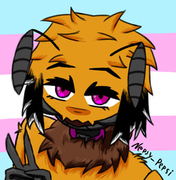 ambiguous_gender antennae_(anatomy) anthro claws collar exoskeleton fur lgbt_pride mandibles pride_color_flag pride_colors purple_eyes solo transgender_pride_colors yellow_body yellow_fur xeeno xee_(xeeno) arthropod silvet_(xeeno)
