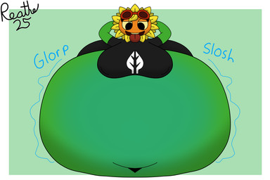 belly belly_expansion big_belly big_breasts big_butt black_bottomwear black_clothing black_eyes black_shirt black_shorts black_topwear bloated border bottomwear breasts butt clothing deep_navel expansion eyelashes eyewear eyewear_on_head female flower freckled_face freckles front_view glorp goggles goggles_on_head green_background green_body hand_behind_head huge_belly huge_breasts huge_butt hyper hyper_belly hyper_butt hyper_inflation inflation leaf leaf_arms liquid_inflation looking_at_belly looking_at_own_belly looking_down looking_down_at_self motion_lines navel not_furry onomatopoeia open_mouth open_smile orange_face petal_hair petals plant pseudo_hair red_eyewear red_goggles red_mouth red_tongue shirt shorts simple_background slosh sloshing_belly smile solo sound_effects teeth text tongue tongue_out topwear water_inflation white_border yellow_petals yellow_sclera yellow_teeth reathe electronic_arts plants_vs._zombies plants_vs._zombies_heroes popcap_games solar_flare_(pvz) elemental_creature elemental_humanoid flora_fauna flower_creature humanoid plant_humanoid sunflower_(pvz) 2025 3:2 colored digital_media_(artwork) hi_res shaded signature