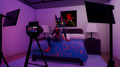 ambiguous_fluids animal_genitalia animal_penis anthro armor balls bed blue_body blue_fur camera camera_view canine_genitalia canine_penis erection film_studio fur furniture genitals inside knot looking_at_viewer machine male on_bed pawpads paws penis recording red_body red_fur seductive sitting sitting_on_bed solo visor smutdriottfuck fox_becket canid canine mammal protogen 16:9 3d_(artwork) digital_media_(artwork) hi_res widescreen