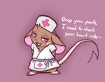 brown_body brown_fur clothed clothed_feral clothing dialogue female feral fur looking_at_viewer nurse semi-anthro simple_background solo standing tail talking_feral talking_to_viewer text milachu92 milachu mammal mouse murid murine rodent english_text