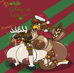 3_fingers 4_fingers anthro antlers areola armwear avian_feet bell belly big_breasts black_hooves blush blush_lines breasts brown_body brown_hair brown_nipples butt christmas_clothing christmas_headwear clothing conjoined dipstick_ears duo ear_markings eyelashes feathers female fingers freckled_face freckles green_eyes hair hat headgear headwear heart_symbol holidays hooves horn huge_breasts long_eyelashes markings mismatched_nipples multicolored_body multicolored_ears nipples non-mammal_nipples overweight overweight_anthro overweight_female pink_nipples red_nose reins santa_hat scales spots spotted_legs spotted_markings spotted_shoulders spotted_tail spotted_thighs tail tail_feathers tail_markings tan_antlers tan_nose text yellow_eyes bring0brong0 pilot129 christmas bringo_(bring0brong0) pilot_(pilot129) rudolph_the_red-nosed_reindeer accipitrid accipitriform avian bird deer eagle mammal english_text hi_res