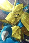 anthro armor blue_body claws gold_(metal) gold_armor high-angle_view male red_eyes solo lindo_masyu bandai_namco digimon digimon_(species) magnamon scalie hi_res