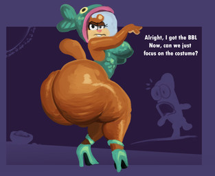 annoyed anthro breasts butt clothing costume female footwear high_heels looking_at_viewer male open_mouth presenting shoes surprised tail text waffafries nickelodeon spongebob_squarepants sandy_cheeks aquatic eastern_grey_squirrel fish grey_squirrel mammal rodent sciurid tree_squirrel english_text