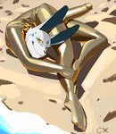 anthro backbend bodysuit clothing contortionism erection flexible fur genitals gold_clothing looking_at_viewer male penis sand skinsuit slim smile solo tight_clothing white_body white_fur yellow_eyes cxcxxcxxxx lagomorph leporid mammal rabbit absurd_res hi_res