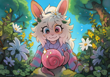 accessory anthro clothed clothing female flower flower_in_hair hair hair_accessory heterochromia leaves_in_hair looking_at_another low-angle_view markings nature outside plant ponytail ring_(marking) smile solo sweater topwear white_body white_hair waspsalad shelly_(waspsalad) gastropod lagomorph leporid mammal mollusk rabbit snail hi_res