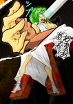 bodily_fluids clothing crucifixion female footwear green_eyes green_hair hair injection not_furry ponytail robe screaming socks solo syringe tears text vein white_clothing white_footwear white_socks crab_(pixiv_id_12272845) higurashi_no_naku_koro_ni sonozaki_mion human mammal hi_res japanese_text translation_request