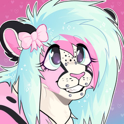 black_ears black_spots blue_eyes blue_hair bow_ribbon bridge_piercing eyelashes facial_markings facial_piercing female feral freckled_face freckles fur glistening glistening_eyes gradient_background hair head_markings heart_eyes heart_symbol highlights_(coloring) jewelry lip_piercing markings multicolored_body multicolored_fur nose_piercing outline piercing pink_body pink_fur pink_nose scene_haircut simple_background smile sparklefur sparkles sparkling_eyes spots spotted_body spotted_fur tear_(marking) teeth whisker_spots wastepaw felid mammal pantherine snow_leopard 1:1 2026 digital_drawing_(artwork) digital_media_(artwork) headshot_portrait hi_res portrait shaded