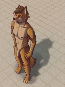 4_toes 5_fingers anthro balls brown_hair countershade_torso countershading digitigrade feet fingers flaccid foreskin fur genitals geometric_background grid_background hair head_tuft high-angle_view humanoid_genitalia humanoid_penis looking_at_viewer male mouth_closed multicolored_body navel nipples nude pattern_background pecs penis simple_background smile solo standing toes tuft two_tone_body yellow_body yellow_fur awfulfeline canid canine canis coyote mammal 2022 3:4 absurd_res digital_media_(artwork) hi_res shaded sketch