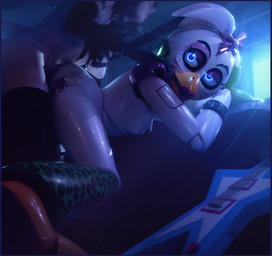 accessory alternative_fashion animal_print anthro arm_accessory armwear beak blue_eyes bodily_fluids bow_ribbon breasts butt clothed clothing cum cum_drip cum_on_butt cum_on_leg dripping duo elbow_gloves electric_guitar female genital_fluids genitals gloves guitar hair hair_accessory handwear legwear leopard_print lipstick looking_back machine makeup male male/female musical_instrument nipples on_model partially_clothed penis plucked_string_instrument string_instrument thigh_highs mrcourage616 ashley_orange_(modeler) five_nights_at_freddy's five_nights_at_freddy's:_security_breach scottgames steel_wool_studios glamrock_chica animatronic avian bird chicken galliform human mammal phasianid robot 3d_(artwork) digital_media_(artwork) hi_res