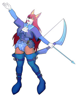 anthro arrow_(weapon) ascot belt belt_pouch blazer boots bow_(weapon) brooch buckle clothing constellation_markings diaper female footwear fur hair holly_(plant) kerchief legwear long_hair orange_body orange_fur plant ranged_weapon red_body red_fur shoes solo thigh_boots thigh_highs weapon hi_res