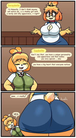 anthro big_butt biped blonde_hair blue_clothing border bottomwear breasts butt clothed clothing dialogue duo eyelashes eyewear female glasses hair huge_butt miniskirt pupils skirt smile speech_bubble tail text thick_thighs topwear wearing_glasses white_border yellow_body jhenightfox animal_crossing nintendo derpybelle isabelle_(animal_crossing) canid canine canis domestic_dog mammal shih_tzu toy_dog absurd_res comic english_text hi_res