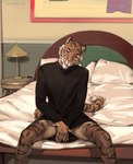 anthro bed bottomless bottomless_anthro bottomless_male clothed clothing covering covering_crotch covering_self fur furniture looking_at_viewer male pillow shirt shirt_only sitting smile solo spread_legs spreading stripes tail topwear topwear_only nikkimory felid mammal pantherine tiger digital_media_(artwork)